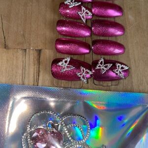 Pink Glitter Butterfly Nail Set